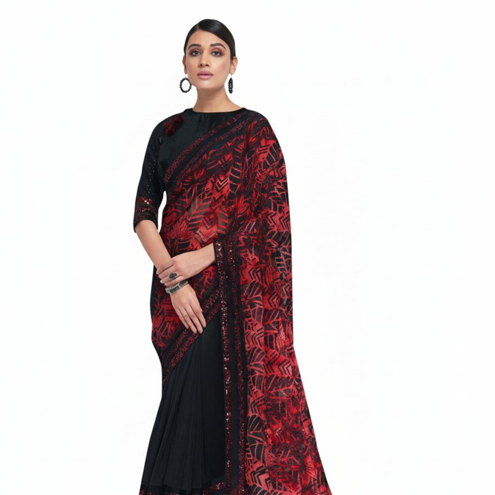 Elegant Red and Black Ethnic Designer Saree for Occasions